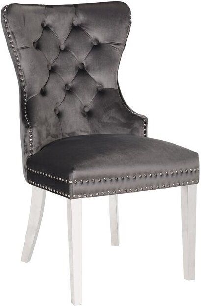 The appearance of Erica Dining Chair With Stainless Steel Legs In Dark Gray designed by Galaxy Home Furnishings in the modern / contemporary interior design. This dark gray piece of furniture  was selected by 1StopBedrooms from Erica Collection to add a touch of cosiness and style into your home. Sku: 808857803009. Material: Wood. Product Type: Dining Chair. Image1