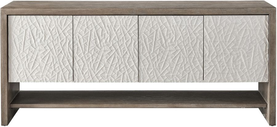 The appearance of Erinn V X Universal San Roque Console In Weathered Oak designed by Universal in the modern / contemporary interior design. This weathered oak piece of furniture  was selected by 1StopBedrooms from Erinn V X Universal Collection to add a touch of cosiness and style into your home. Sku: U225A779. Material: Wood. Product Type: Console. Image1