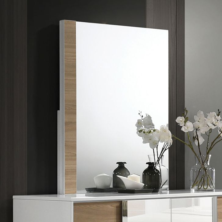 The appearance of Erlangen Mirror In White and Natural designed by Furniture of America in the modern / contemporary interior design. This white/natural piece of furniture  was selected by 1StopBedrooms from Erlangen Collection to add a touch of cosiness and style into your home. Sku: CM7462WH-M. Material: Wood. Product Type: Accent Mirror. Image1