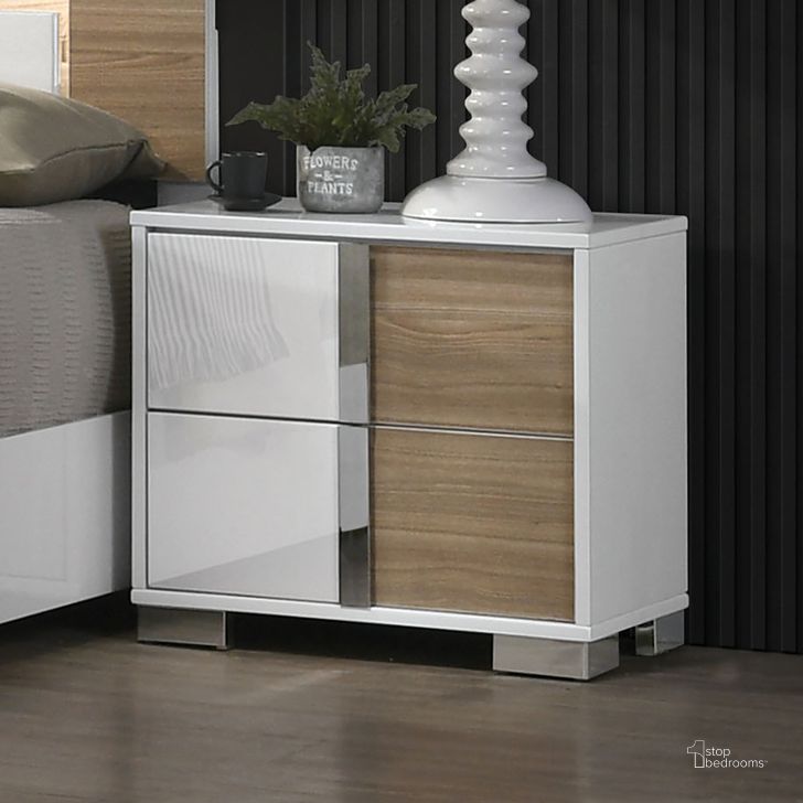 The appearance of Erlangen Night Stand In White and Natural designed by Furniture of America in the modern / contemporary interior design. This white/natural piece of furniture  was selected by 1StopBedrooms from Erlangen Collection to add a touch of cosiness and style into your home. Sku: CM7462WH-N. Material: Wood. Product Type: Nightstand. Image1