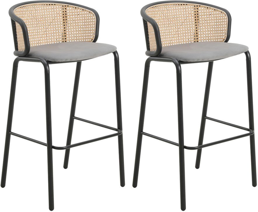 The appearance of Ervilla Wicker Bar Stool Set of 2 with Fabric Seat and Black Steel Frame In Grey designed by LeisureMod in the transitional interior design. This black/grey piece of furniture  was selected by 1StopBedrooms from Ervilla Collection to add a touch of cosiness and style into your home. Sku: EBBL-31GR2. Material: Steel. Product Type: Barstool. Image1