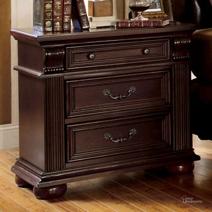 The appearance of Esperia Night Stand In Brown Cherry designed by Furniture of America in the traditional interior design. This brown cherry piece of furniture  was selected by 1StopBedrooms from Esperia Collection to add a touch of cosiness and style into your home. Sku: CM7711N. Material: Wood. Product Type: Nightstand. Image1