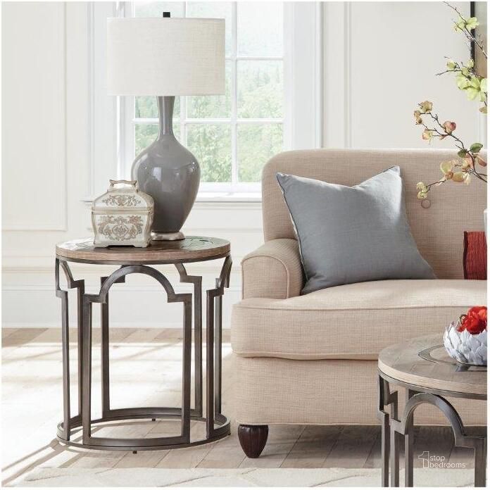 The appearance of Estelle Washed Gray Round End Table designed by Riverside Furniture in the industrial interior design. This brown and gray piece of furniture  was selected by 1StopBedrooms from Estelle Collection to add a touch of cosiness and style into your home. Sku: 20109. Product Type: End Table. Image1
