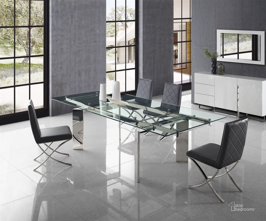 The appearance of Euphoria Extendable Dining Room Set with Loft Dining Chairs designed by Casabianca Home in the modern / contemporary interior design. This chrome piece of furniture  was selected by 1StopBedrooms from Euphoria Collection to add a touch of cosiness and style into your home. Sku: CB-095;CB-922-G. Table Base Style: Double Pedestal. Product Type: Dining Room Set. Table Top Shape: Rectangular. Material: Stainless Steel. Image1