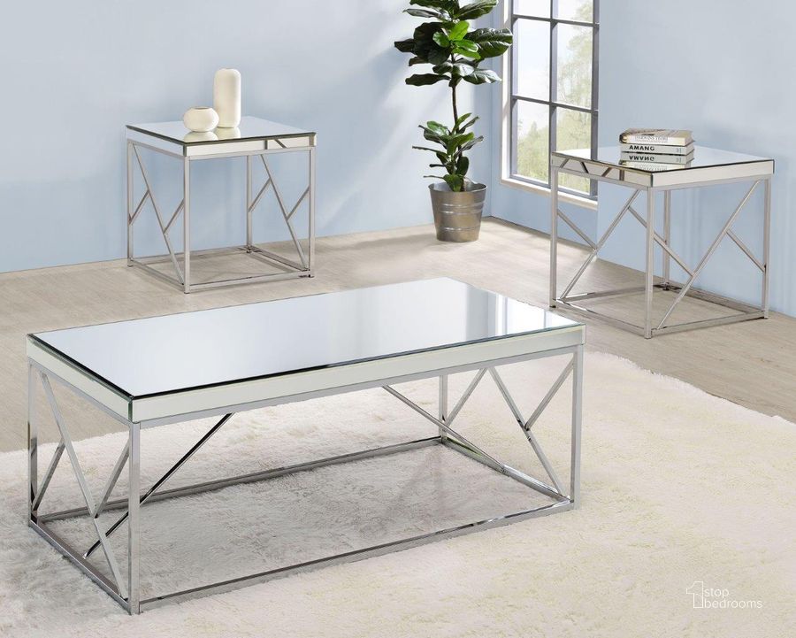 The appearance of Evelyn Mirror And Shiny Chrome Occasional Table Set designed by Steve Silver in the transitional interior design. This chrome piece of furniture  was selected by 1StopBedrooms from Evelyn Collection to add a touch of cosiness and style into your home. Sku: EV300C;EV300E. Product Type: Occasional Table Set. Material: Iron. Image1