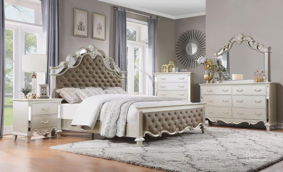 The appearance of Ever Champagne Upholstered Panel Bedroom Set designed by Homelegance in the transitional interior design. This beige and brown piece of furniture  was selected by 1StopBedrooms from Ever Collection to add a touch of cosiness and style into your home. Sku: 1429-1;1429-2;1429-3;1429-4. Bed Type: Panel Bed. Material: Wood. Product Type: Panel Bed. Bed Size: Queen. Image1
