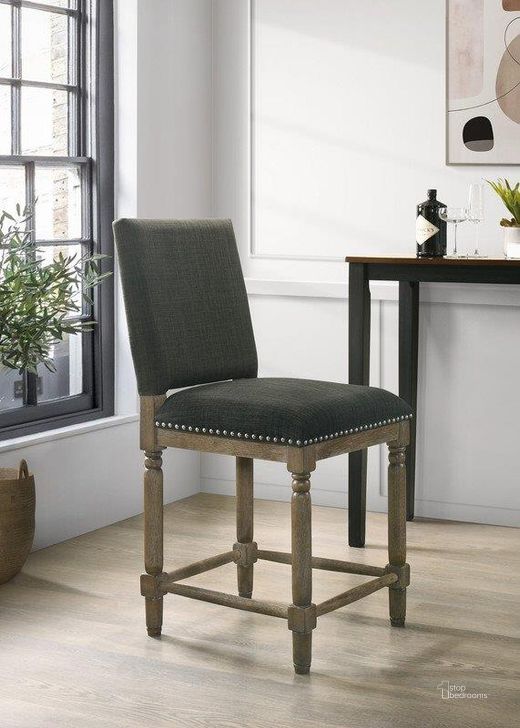 The appearance of Everton Gray Fabric Counter Height Chair With Nailhead Trim designed by Lilola Home in the country / farmhouse interior design. This gray piece of furniture  was selected by 1StopBedrooms from Everton Collection to add a touch of cosiness and style into your home. Sku: 30517. Material: Fabric. Product Type: Counter Height Chair. Image1