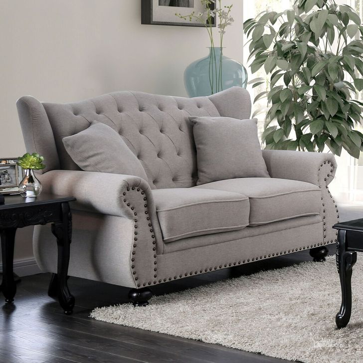 The appearance of Ewloe Love Seat In Light Gray designed by Furniture of America in the transitional interior design. This light gray piece of furniture  was selected by 1StopBedrooms from Ewloe Collection to add a touch of cosiness and style into your home. Sku: CM6572GY-LV. Material: Wood. Product Type: Loveseat. Image1