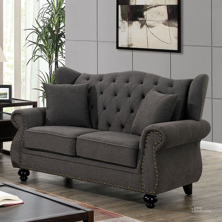 The appearance of Ewloe Loveseat In Dark Gray designed by Furniture of America in the transitional interior design. This dark gray piece of furniture  was selected by 1StopBedrooms from Ewloe Collection to add a touch of cosiness and style into your home. Sku: CM6572DG-LV. Material: Wood. Product Type: Loveseat. Image1