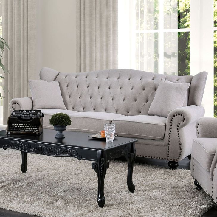 The appearance of Ewloe Sofa In Light Gray designed by Furniture of America in the transitional interior design. This light gray piece of furniture  was selected by 1StopBedrooms from Ewloe Collection to add a touch of cosiness and style into your home. Sku: CM6572GY-SF. Material: Wood. Product Type: Sofa. Image1