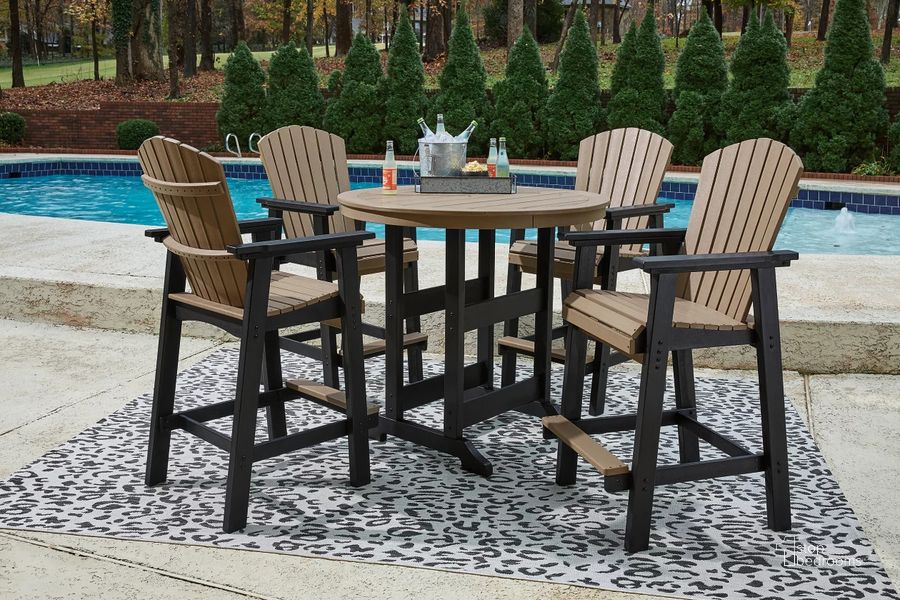 The appearance of Fairen Trail Black and Driftwood Outdoor Round Bar Table Set designed by Signature Design by Ashley in the transitional interior design. This black/driftwood piece of furniture  was selected by 1StopBedrooms from Fairen Trail Collection to add a touch of cosiness and style into your home. Sku: P211-613;P211-130. Product Type: Outdoor Bar Furniture. Image1