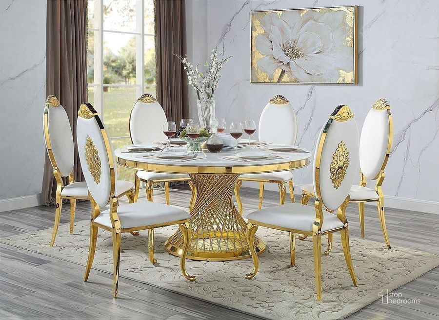 The appearance of Fallon Dining Room Set designed by ACME in the modern / contemporary interior design. This gold piece of furniture  was selected by 1StopBedrooms from Fallon Collection to add a touch of cosiness and style into your home. Sku: DN01189-1;DN01189-2;DN01189-3;DN01190. Table Base Style: Pedestal. Table Top Shape: Round. Product Type: Dining Room Set. Material: Stainless Steel. Size: 59". Image1