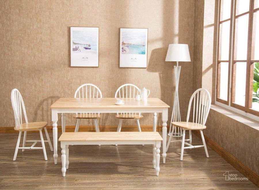 The appearance of Farmhouse 6 Piece Dining Set In White And Natural designed by Boraam Industries in the rustic / southwestern interior design. This white and natural piece of furniture  was selected by 1StopBedrooms from Farmhouse Collection to add a touch of cosiness and style into your home. Sku: 31316;31316;36369;70369. Product Type: Dining Room Set. Material: Rubberwood. Image1