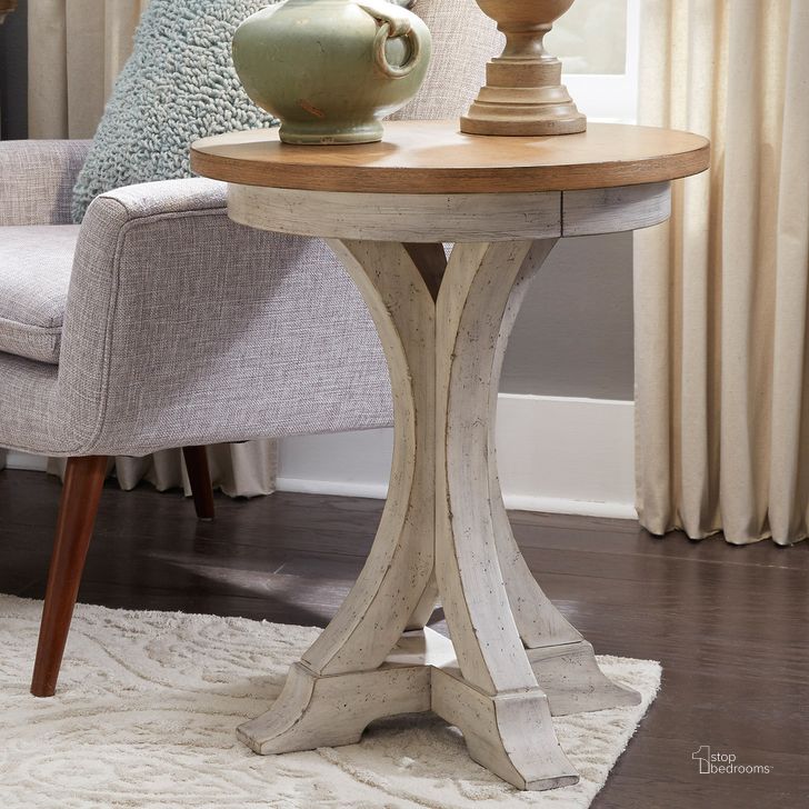 The appearance of Farmhouse Reimagined Antique White Round Chair Side Table designed by Liberty in the transitional interior design. This white piece of furniture  was selected by 1StopBedrooms from Farmhouse Reimagined Collection to add a touch of cosiness and style into your home. Sku: 652-OT1021. Table Top Shape: Round. Material: Wood. Product Type: Chairside Table. Image1