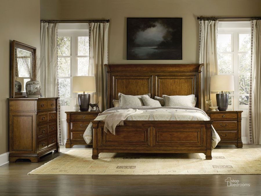 The appearance of Tynecastle Brown Panel Bedroom Set designed by Hooker in the traditional interior design. This brown piece of furniture  was selected by 1StopBedrooms from Tynecastle Collection to add a touch of cosiness and style into your home. Sku: 5323-90251;5323-90252;5323-90253;5323-90017. Bed Type: Panel Bed. Material: Wood. Product Type: Panel Bed. Bed Size: Queen. Image1
