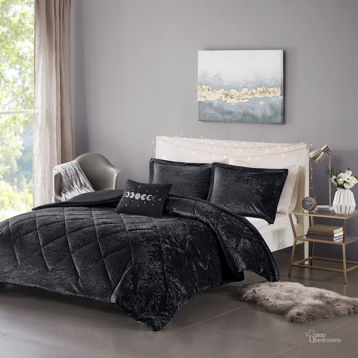 The appearance of Felicia Polyester Crushed King Duvetlet Set In Black designed by Olliix in the glam interior design. This black piece of furniture  was selected by 1StopBedrooms from Felicia Collection to add a touch of cosiness and style into your home. Sku: ID12-2057. Material: Polyester. Bed Size: King. Product Type: Duvet Set. Image1