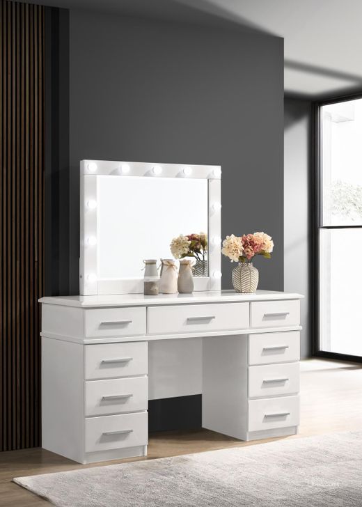 The appearance of Felicity 9-Drawer Vanity Desk With Lighted Mirror Glossy White designed by Coaster in the modern / contemporary interior design. This glossy white piece of furniture  was selected by 1StopBedrooms from Felicity Collection to add a touch of cosiness and style into your home. Sku: 203507B1;203507B2. Material: MDF. Product Type: Vanity Set. Image1