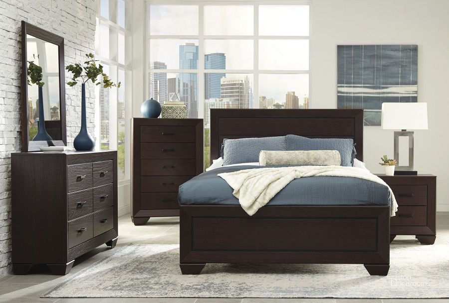 The appearance of Fenbbook Dark Cocoa Panel Bedroom Set designed by Coaster in the transitional interior design. This brown piece of furniture  was selected by 1StopBedrooms from Fenbbook Collection to add a touch of cosiness and style into your home. Sku: 204391QB1;204391QB2;204392. Bed Type: Panel Bed. Material: Wood. Product Type: Panel Bed. Bed Size: Queen. Image1