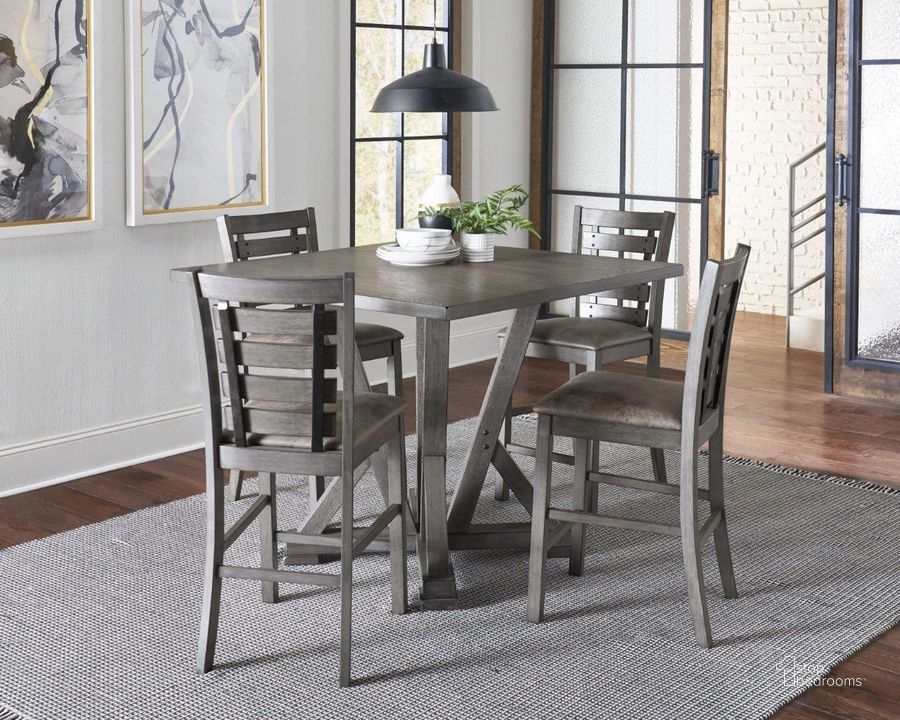 The appearance of Fiji Harbor Gray Complete Counter Height Dining Room Set designed by Progressive Furniture in the transitional interior design. This gray piece of furniture  was selected by 1StopBedrooms from Fiji Collection to add a touch of cosiness and style into your home. Sku: D841-12B;D841-12T;D841-63. Table Base Style: Trestle. Table Top Shape: Square. Product Type: Dining Room Set. Material: Rubberwood. Image1