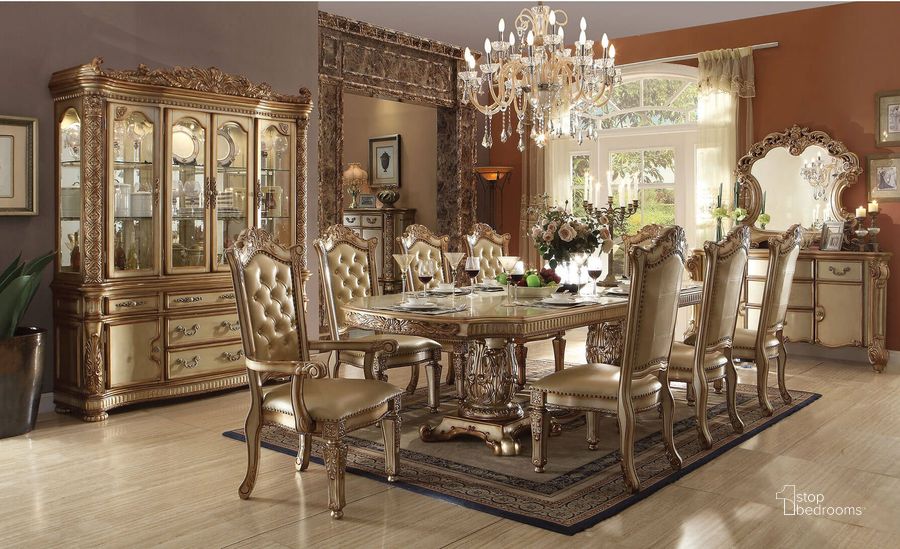 The appearance of Acme Vendome 9-Piece Double Pedestal Dining Set in Gold Patina designed by ACME in the rustic / southwestern interior design. This gold patina piece of furniture  was selected by 1StopBedrooms from Vendome Collection to add a touch of cosiness and style into your home. Sku: 63000T;63001ST;63002PED;63003;63004. Table Base Style: Double Pedestal. Table Top Style: Wood w/extension. Material: Wood. Product Type: Dining Room Set. Table Top Shape: Rectangular. Image1
