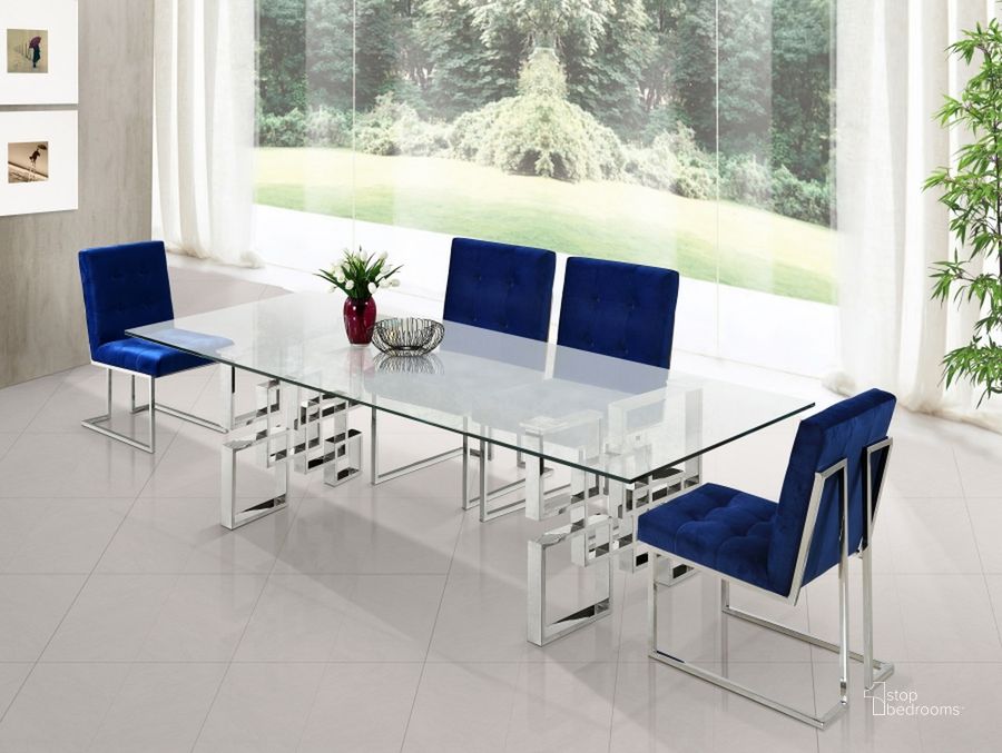 The appearance of Meridian Furniture Alexis 5pcs Dining Room Set in Rich Chrome Stainless Steel designed by Meridian in the modern / contemporary interior design. This chrome piece of furniture  was selected by 1StopBedrooms from Alexis Collection to add a touch of cosiness and style into your home. Sku: 731-T-1;731-T-2;731Navy-C. Table Base Style: Double Pedestal. Product Type: Casual Dining Set. Table Top Shape: Rectangular. Material: Casual. Image1