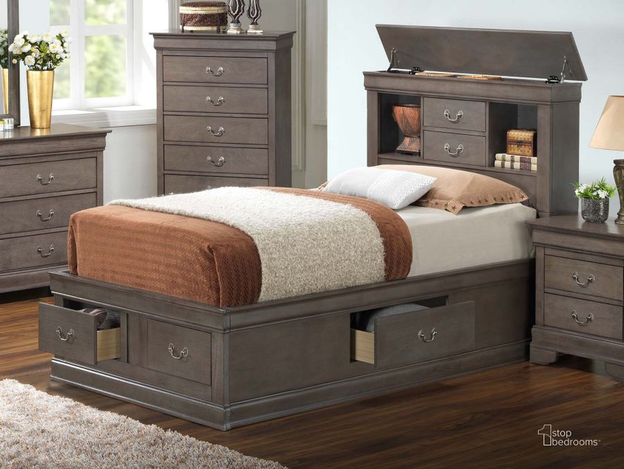 The appearance of Glory Furniture G3105 Storage Bedroom Set in Grey designed by Glory in the traditional interior design. This gray piece of furniture  was selected by 1StopBedrooms from G3105 Collection to add a touch of cosiness and style into your home. Sku: G3105B-TSB-Twin Storage Bed  Headboard;G3105B-TSB-Twin Storage Bed  Footboard;G3105B-TSB-Twin Storage Bed  Rails;G3105B-TSB-Twin Storage Bed  Drawers for Rails;G3105B-TSB-Twin Storage Bed  Drawers for Footboard;G3105-N-Nightstand. Material: Wood. Product Type: Storage Bed. Bed Size: Twin. Image1