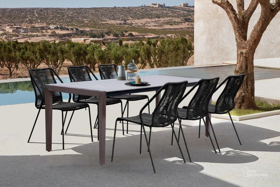 The appearance of Fineline Dark Eucalyptus Wood And Super Stone Outdoor 80 Inch Rectangular Dining Room Set with Clip Chairs designed by Armen Living in the transitional interior design. This black and white piece of furniture  was selected by 1StopBedrooms from Fineline Collection to add a touch of cosiness and style into your home. Sku: LCFLDIWDDK;LCCPSIBL. Table Base Style: Legs. Material: Wood. Product Type: Dining Room Set. Table Top Shape: Rectangular. Size: 80". Image1