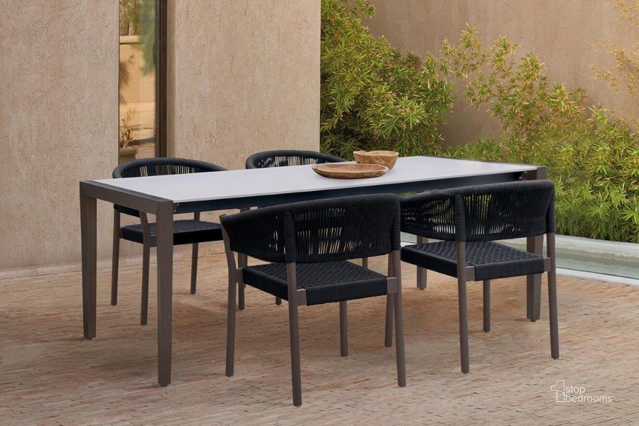 The appearance of Fineline Dark Eucalyptus Wood And Super Stone Outdoor 80 Inch Rectangular Dining Room Set with Doris Chairs designed by Armen Living in the transitional interior design. This white and black piece of furniture  was selected by 1StopBedrooms from Fineline Collection to add a touch of cosiness and style into your home. Sku: LCFLDIWDDK;LCDOSIBLK. Table Base Style: Legs. Material: Wood. Product Type: Dining Room Set. Table Top Shape: Rectangular. Size: 80". Image1