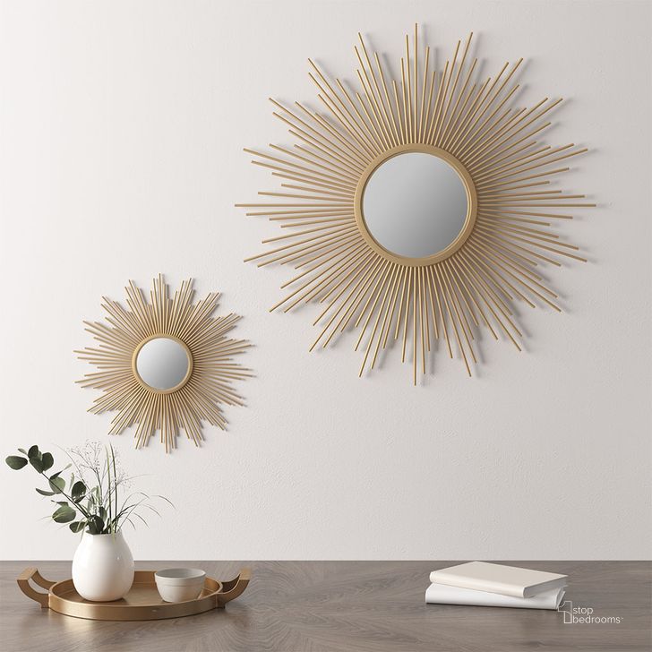 The appearance of Fiore Round Sunburst Wall Decor Mirror In Gold designed by Olliix in the modern / contemporary interior design. This gold piece of furniture  was selected by 1StopBedrooms from Fiore Collection to add a touch of cosiness and style into your home. Sku: MP160-0181. Product Type: Mirror. Material: MDF. Image1