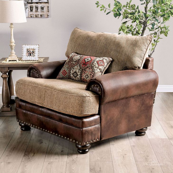 The appearance of Fletcher Chair In Brown and Tan designed by Furniture of America in the transitional interior design. This brown and tan piece of furniture  was selected by 1StopBedrooms from Fletcher Collection to add a touch of cosiness and style into your home. Sku: SM5148-CH. Product Type: Chair. Material: Chenille. Image1