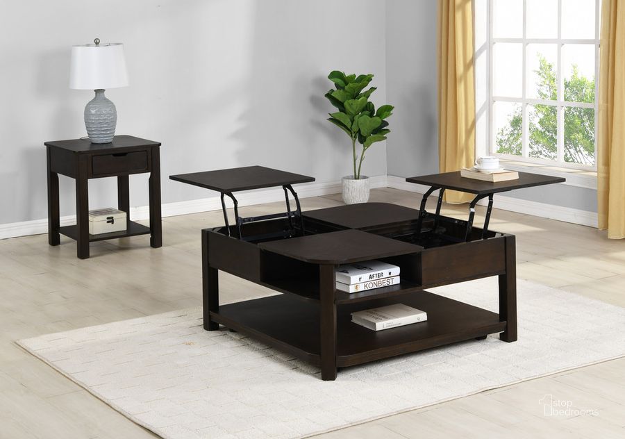 The appearance of Flora 2 Piece Dark Brown Mdf Lift Top Coffee And End Table Set designed by Lilola Home in the modern / contemporary interior design. This dark brown piece of furniture  was selected by 1StopBedrooms from Flora Collection to add a touch of cosiness and style into your home. Sku: 98006-EC. Product Type: Coffee Table Set. Material: MDF. Image1