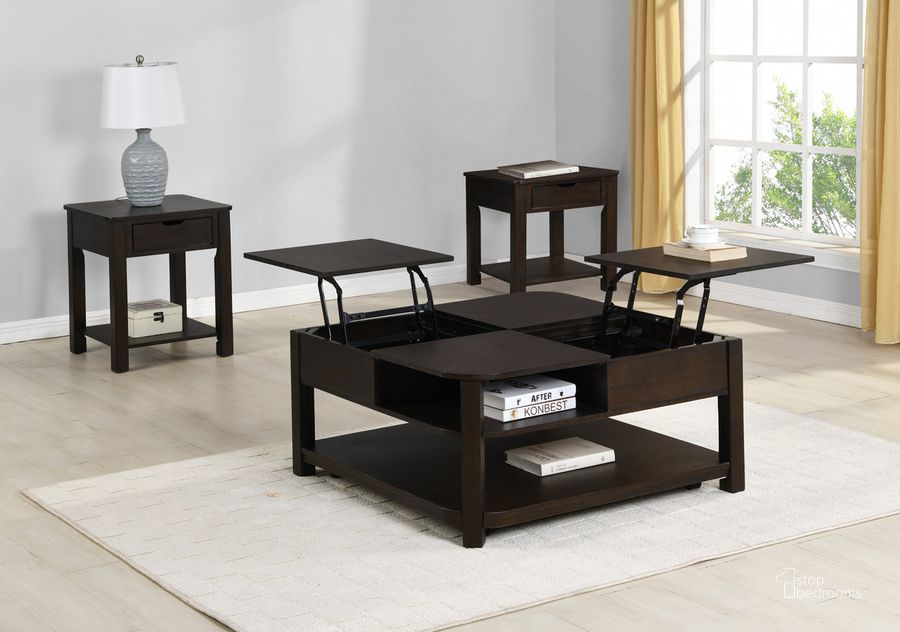 The appearance of Flora 3 Piece Dark Brown Mdf Lift Top Coffee And End Table Set designed by Lilola Home in the modern / contemporary interior design. This dark brown piece of furniture  was selected by 1StopBedrooms from Flora Collection to add a touch of cosiness and style into your home. Sku: 98006-EEC. Product Type: Coffee Table Set. Material: MDF. Image1