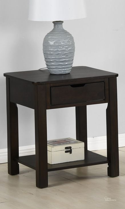 The appearance of Flora Dark Brown Mdf End Table With Drawer designed by Lilola Home in the modern / contemporary interior design. This dark brown piece of furniture  was selected by 1StopBedrooms from Flora Collection to add a touch of cosiness and style into your home. Sku: 98007. Product Type: End Table. Material: MDF. Image1