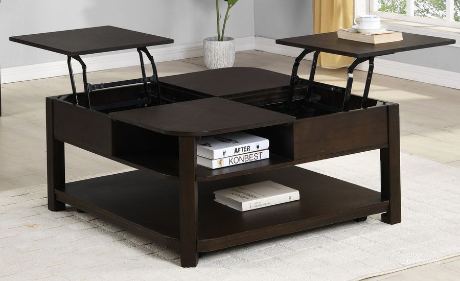 The appearance of Flora Dark Brown Mdf Lift Top Coffee Table With Shelves designed by Lilola Home in the modern / contemporary interior design. This dark brown piece of furniture  was selected by 1StopBedrooms from Flora Collection to add a touch of cosiness and style into your home. Sku: 98006. Product Type: Coffee Table. Material: MDF. Image1