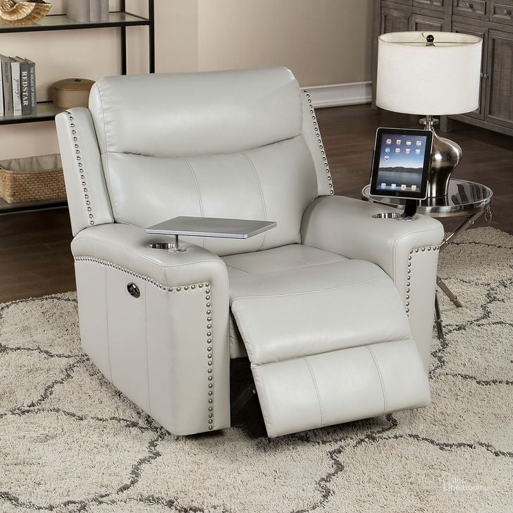 The appearance of Florine Power Glider Recliner In Light Gray designed by Furniture of America in the transitional interior design. This light gray piece of furniture  was selected by 1StopBedrooms from Florine Collection to add a touch of cosiness and style into your home. Sku: CM6252LG-CH-PM. Material: Leather. Product Type: Recliner. Image1