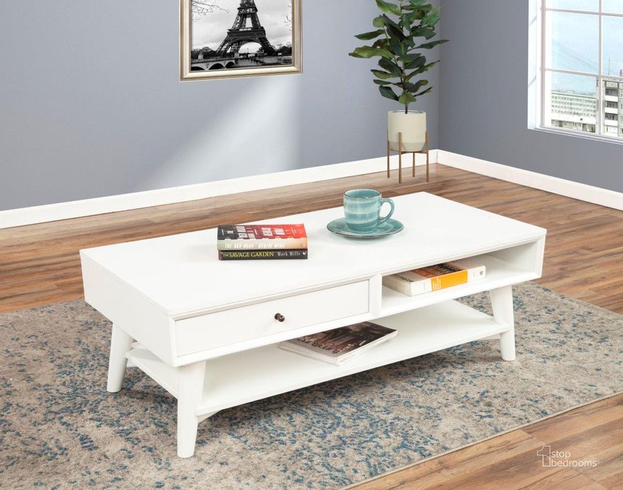 The appearance of Flynn Coffee Table White designed by Alpine in the transitional interior design. This white piece of furniture  was selected by 1StopBedrooms from Flynn Collection to add a touch of cosiness and style into your home. Sku: 966-W-61. Product Type: Coffee Table. Material: Wood Veneer. Image1