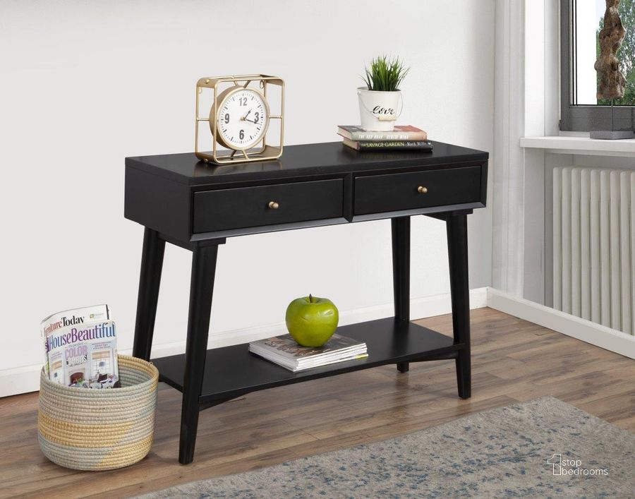 The appearance of Flynn Console Table Black designed by Alpine in the transitional interior design. This black piece of furniture  was selected by 1StopBedrooms from Flynn Collection to add a touch of cosiness and style into your home. Sku: 966BLK-63. Product Type: Console Table. Material: Wood Veneer. Image1
