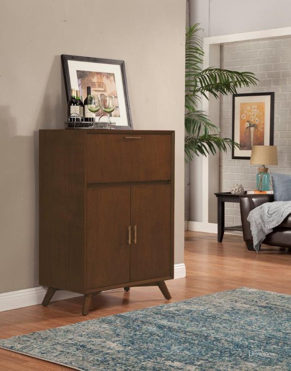 The appearance of Flynn Large Bar Cabinet With Drop Down Tray In Walnut designed by Alpine in the transitional interior design. This walnut piece of furniture  was selected by 1StopBedrooms from Flynn Collection to add a touch of cosiness and style into your home. Sku: 966WAL-16. Material: Wood. Product Type: Bar Cabinet. Image1