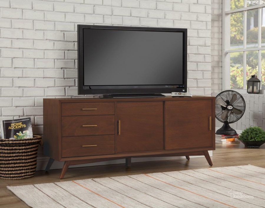 The appearance of Flynn Large Tv Console In Walnut designed by Alpine in the transitional interior design. This walnut piece of furniture  was selected by 1StopBedrooms from Flynn Collection to add a touch of cosiness and style into your home. Sku: 966WAL-10. Material: Wood. Product Type: TV Console. Image1