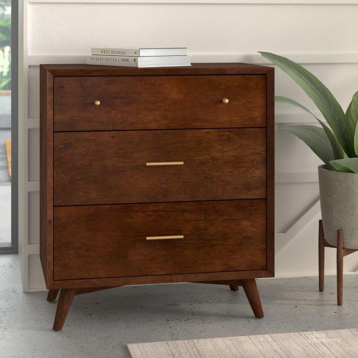 The appearance of Flynn Mid Century Modern 3 Drawer Small Chest In Walnut designed by Alpine in the transitional interior design. This walnut piece of furniture  was selected by 1StopBedrooms from Flynn Collection to add a touch of cosiness and style into your home. Sku: 966WAL-04. Material: Wood. Product Type: Chest. Image1