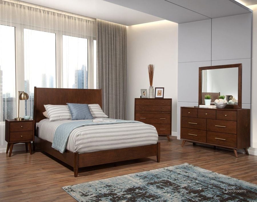 The appearance of Flynn Mid Century Modern Queen Panel Bed In Walnut designed by Alpine in the  interior design. This walnut piece of furniture  was selected by 1StopBedrooms from Flynn Collection to add a touch of cosiness and style into your home. Sku: 966WAL-01Q. Bed Type: Panel Bed. Material: Wood. Product Type: Panel Bed. Bed Size: Queen. Image1