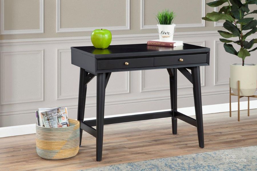 The appearance of Flynn Mini Desk Black designed by Alpine in the transitional interior design. This black piece of furniture  was selected by 1StopBedrooms from Flynn Collection to add a touch of cosiness and style into your home. Sku: 966BLK-65. Product Type: Desk. Material: Wood Veneer. Image1
