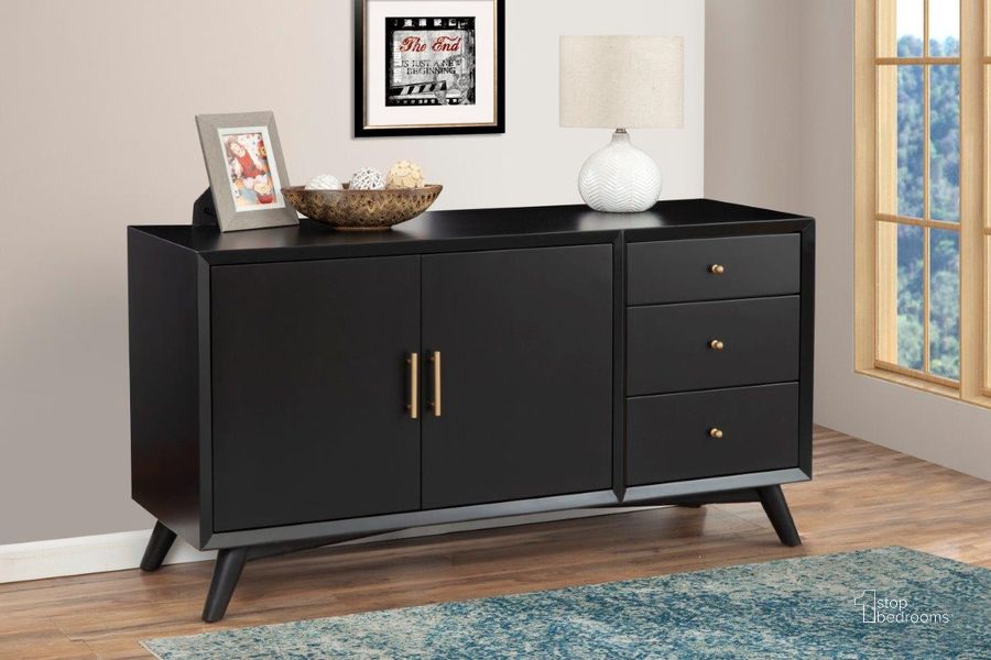 The appearance of Flynn Sideboard Black designed by Alpine in the transitional interior design. This black piece of furniture  was selected by 1StopBedrooms from Flynn Collection to add a touch of cosiness and style into your home. Sku: 966BLK-64. Material: Wood Veneer. Product Type: Buffets, Sideboards and Server. Image1