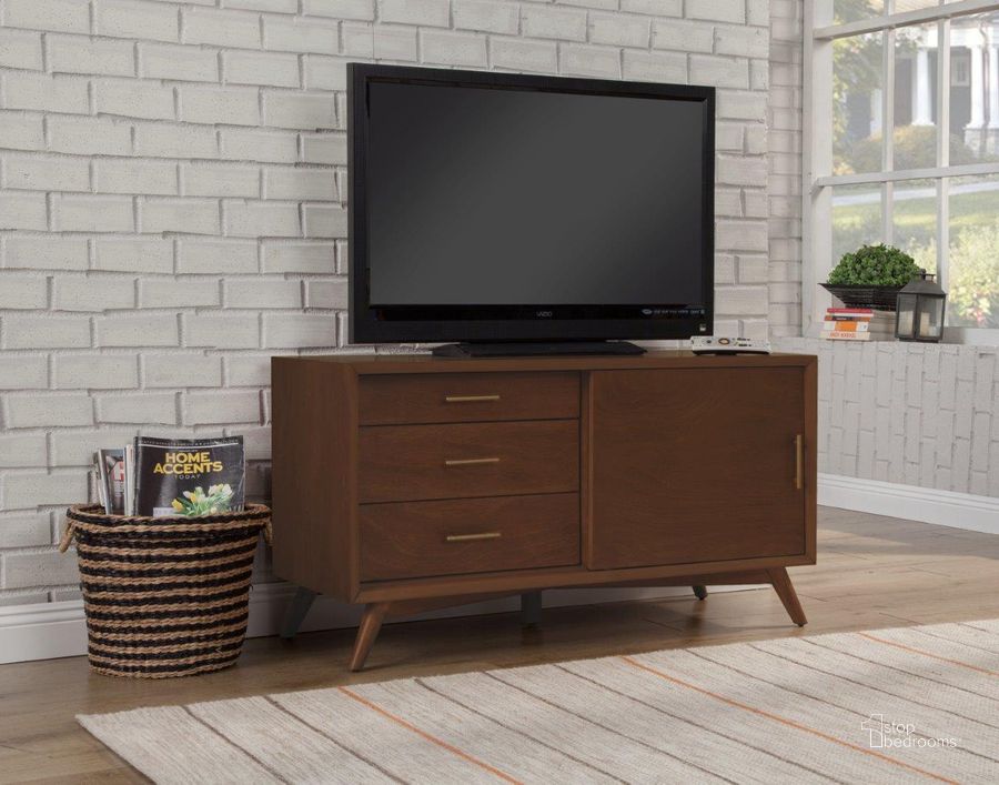 The appearance of Flynn Small Tv Console In Walnut designed by Alpine in the transitional interior design. This walnut piece of furniture  was selected by 1StopBedrooms from Flynn Collection to add a touch of cosiness and style into your home. Sku: 966WAL-15. Material: Wood. Product Type: TV Console. Image1