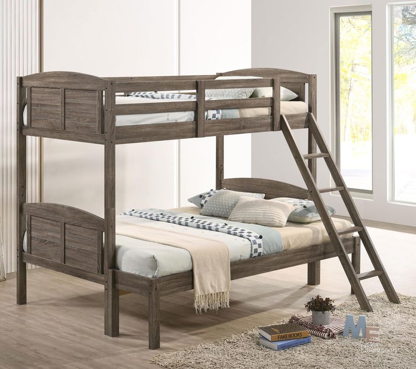The appearance of Flynn Twin Over Full Bunk Bed In Weathered Brown designed by Coaster in the rustic / southwestern interior design. This weathered brown piece of furniture  was selected by 1StopBedrooms from Flynn Collection to add a touch of cosiness and style into your home. Sku: 400808B1;400808B2;400808E. Bed Type: Bunk Bed. Material: Wood. Product Type: Bunk Bed. Bed Size: Twin Over Full. Image1