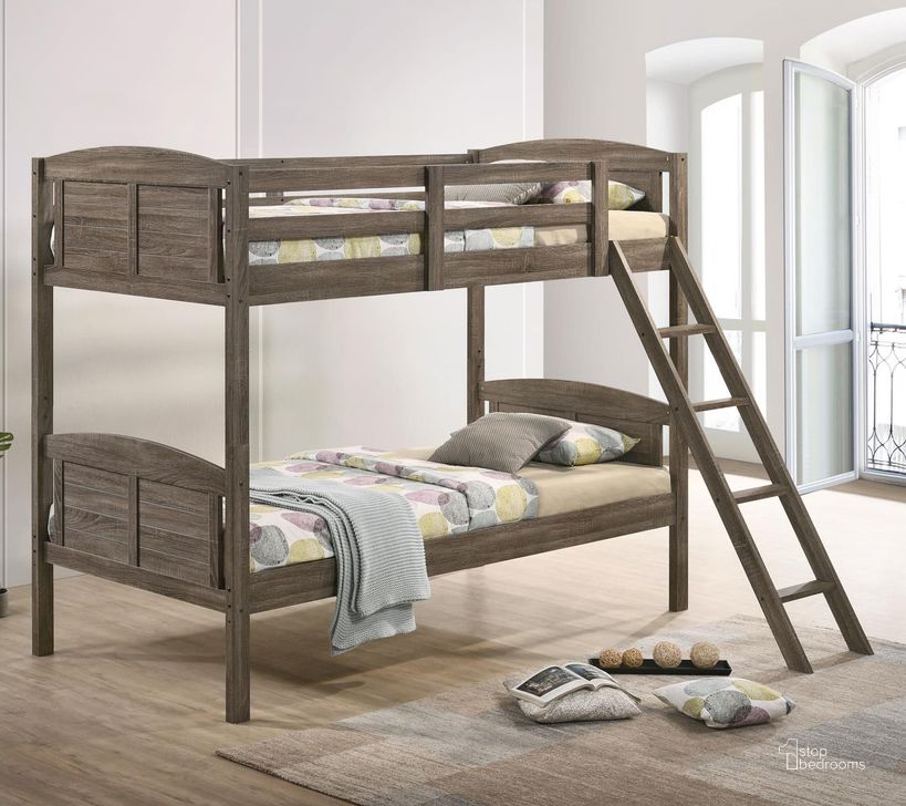 The appearance of Flynn Twin Over Twin Bunk Bed In Weathered Brown designed by Coaster in the rustic / southwestern interior design. This weathered brown piece of furniture  was selected by 1StopBedrooms from Flynn Collection to add a touch of cosiness and style into your home. Sku: 400808B1;400808B2. Bed Type: Bunk Bed. Material: Wood. Product Type: Bunk Bed. Bed Size: Twin Over Twin. Image1