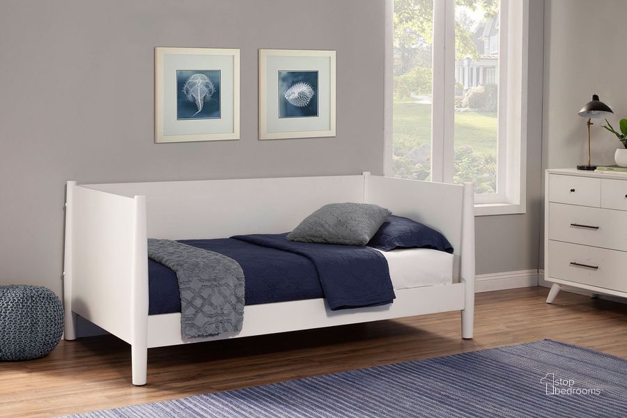 The appearance of Flynn White Day Bed designed by Alpine in the transitional interior design. This white piece of furniture  was selected by 1StopBedrooms from Flynn Collection to add a touch of cosiness and style into your home. Sku: 966-W-09T. Bed Type: Daybed. Material: Wood. Product Type: DayBed. Bed Size: Twin. Image1