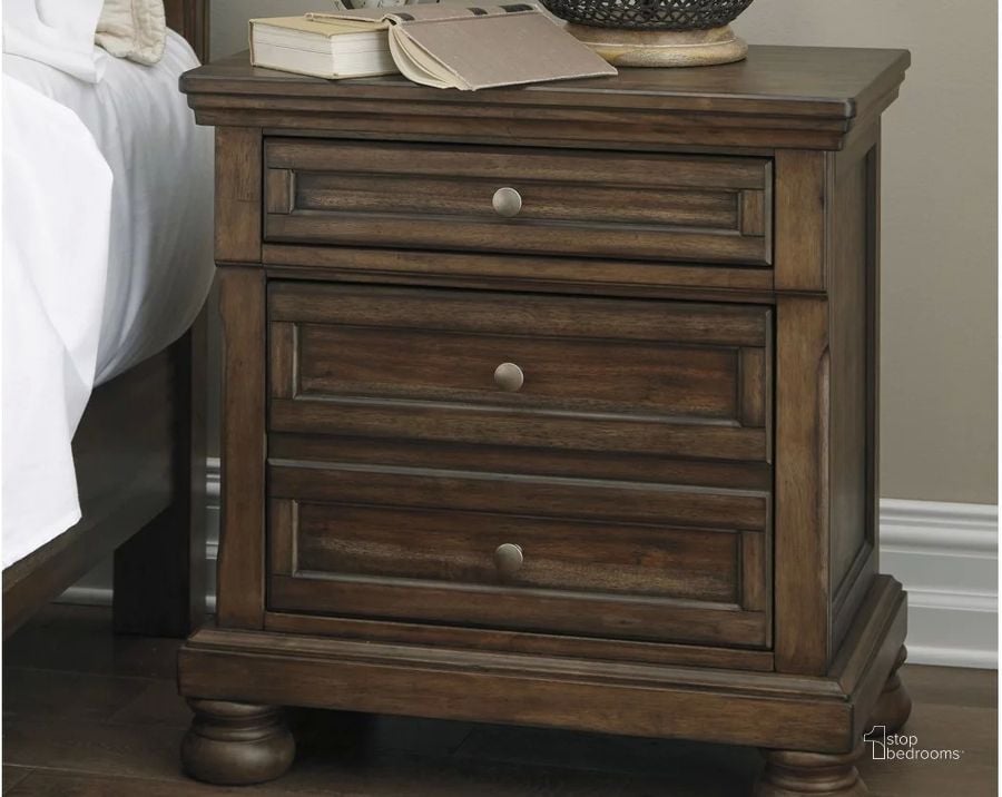 The appearance of Flynnter Medium Brown 2 Drawer Nightstand designed by Signature Design by Ashley in the transitional interior design. This medium brown piece of furniture  was selected by 1StopBedrooms from Flynnter Collection to add a touch of cosiness and style into your home. Sku: B719-92. Material: Wood. Product Type: Nightstand. Image1