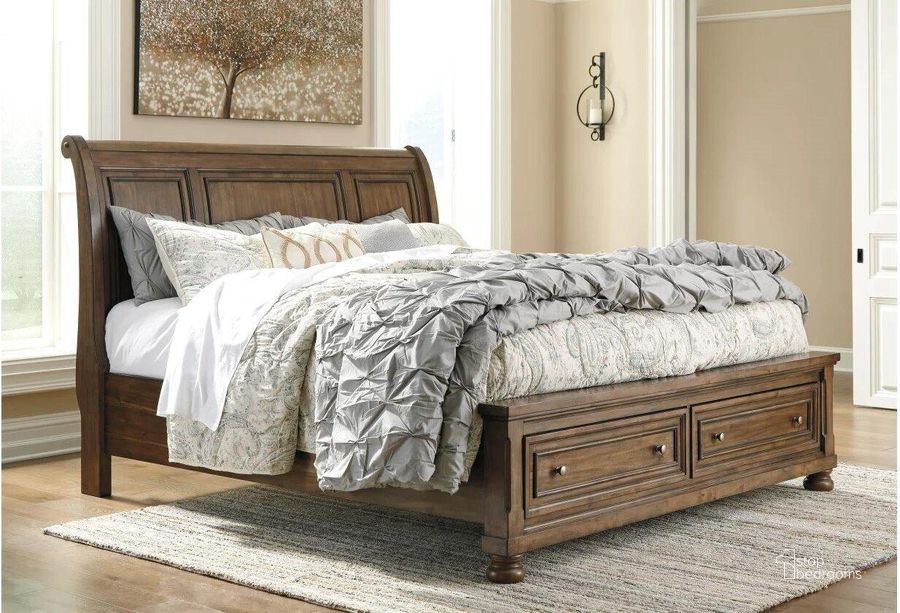 The appearance of Flynnter Medium Brown Queen Sleigh Storage Bed designed by Signature Design by Ashley in the transitional interior design. This medium brown piece of furniture  was selected by 1StopBedrooms from Flynnter Collection to add a touch of cosiness and style into your home. Sku: B719-77;B719-74;B719-98. Bed Type: Storage Bed. Material: Wood. Product Type: Storage Bed. Bed Size: Queen. Image1