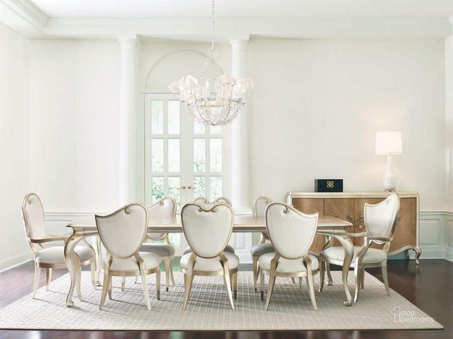 The appearance of Fontainebleau Cendre And Champagne Mist Extendable Rectangle Dining Room Set designed by Caracole in the transitional interior design. This brown piece of furniture  was selected by 1StopBedrooms from Fontainebleau Collection to add a touch of cosiness and style into your home. Sku: C062-419-201;C062-419-281. Table Base Style: Legs. Material: Wood. Product Type: Dining Room Set. Table Top Shape: Rectangular. Size: 44". Image1